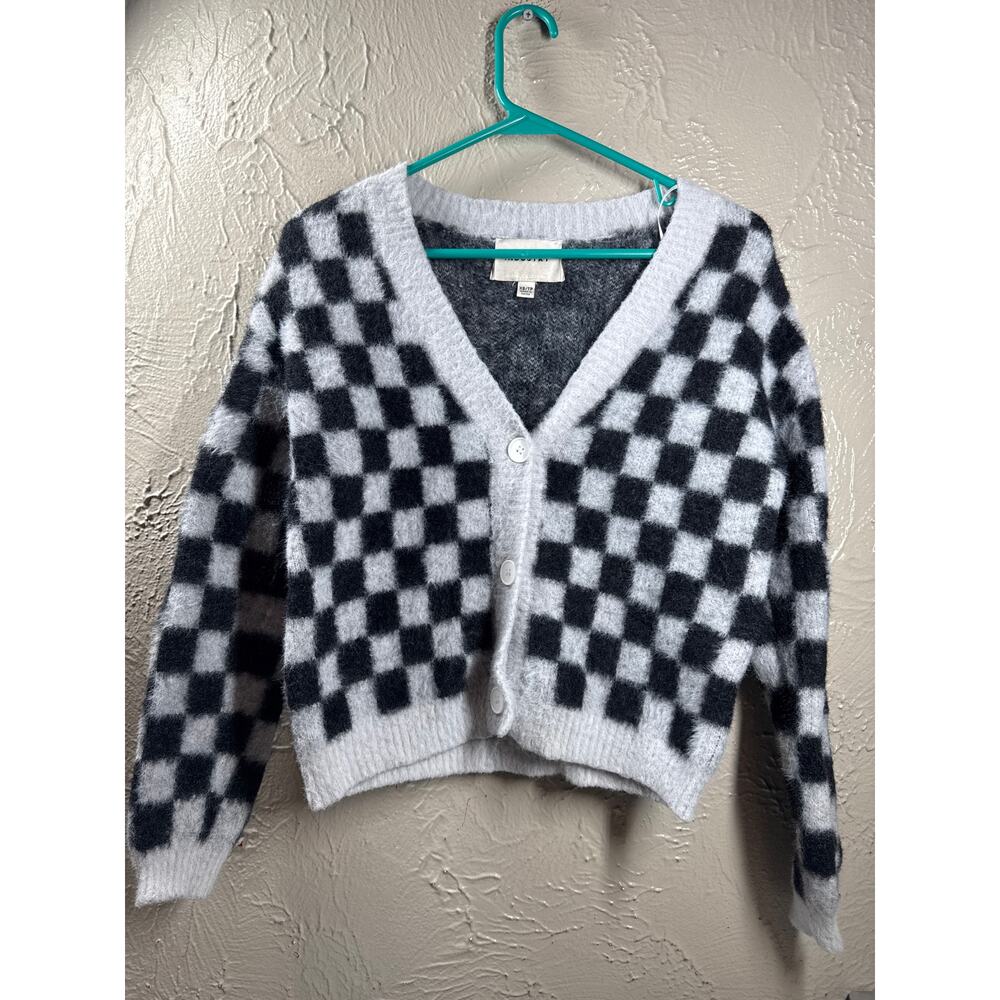 Industry Black White Checkered Fluffy Knit Button Up Cardigan Womens Size XS